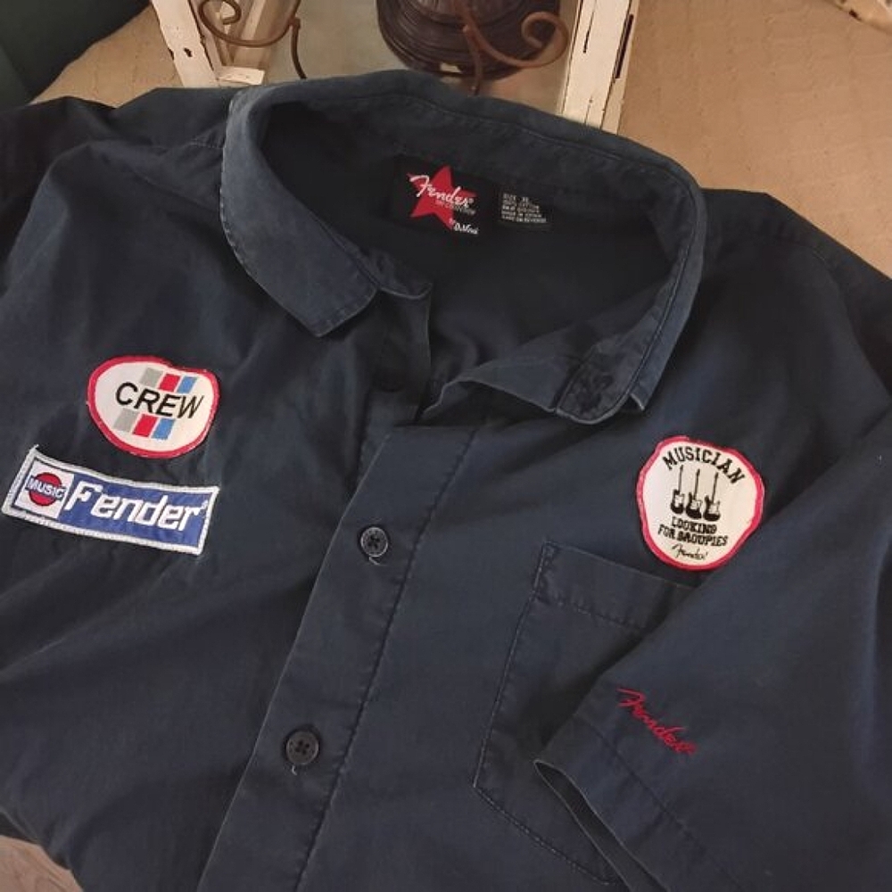 SOLD Vintage Fender "Mechanic Style" Short Sleeve Shirt Embroidered with Patches
